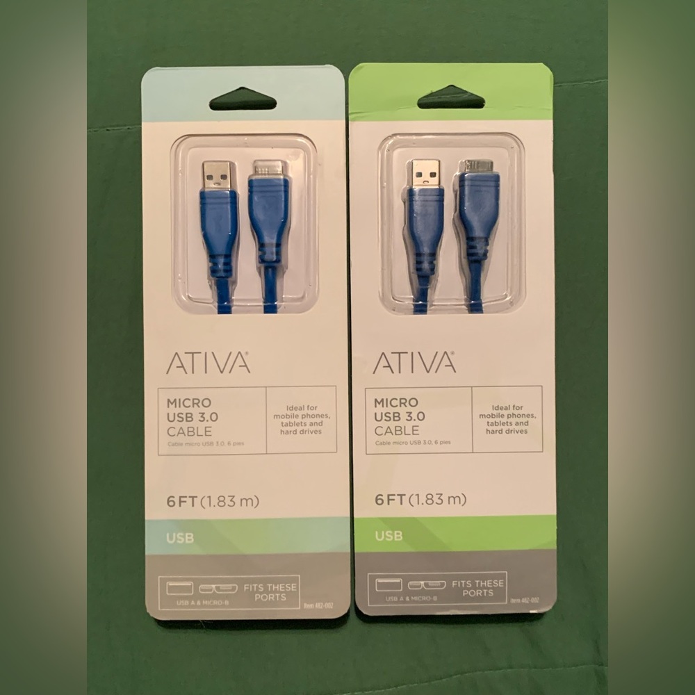 Lot Of 2 Ativa Micro USB 3.0 Cable 6 FT Fits Male USB A Male Micro-B 482-002 New